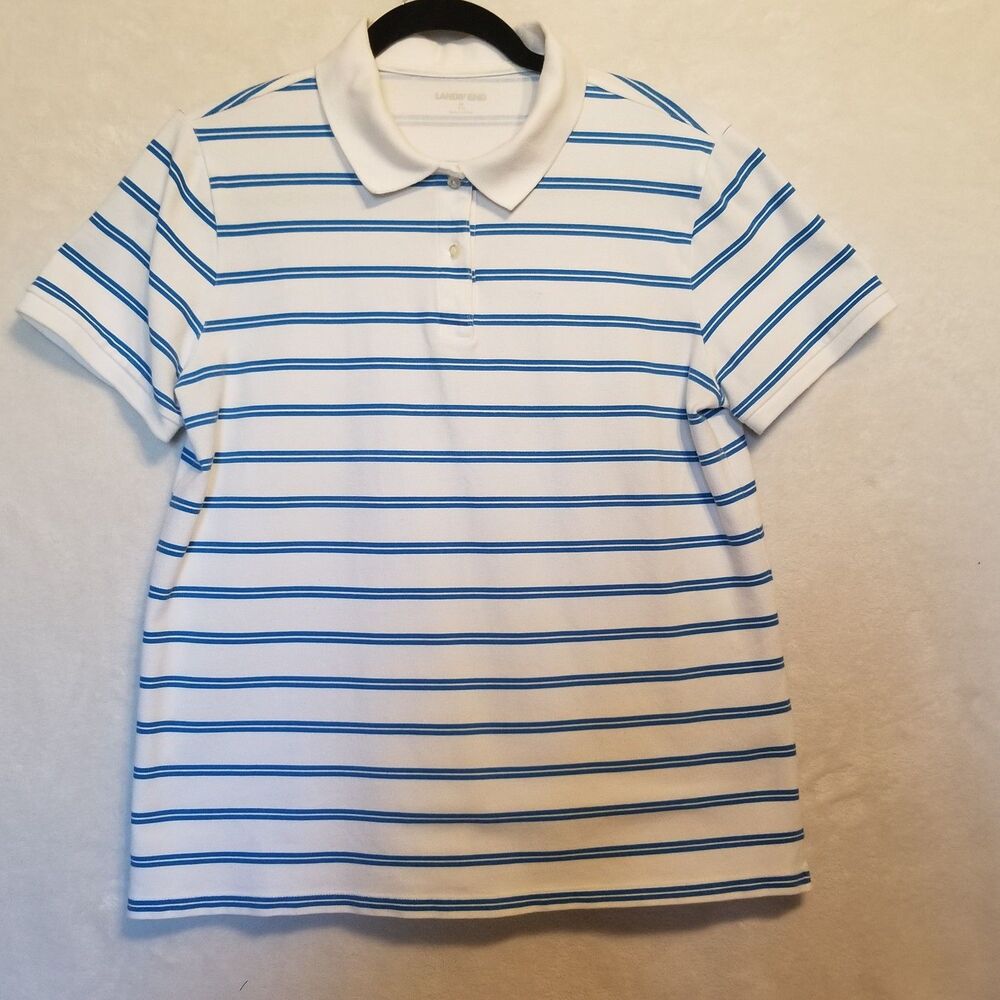Lands End Womens M Top Polo Cotton Pique Knit White Blue Stripe Classic Golf